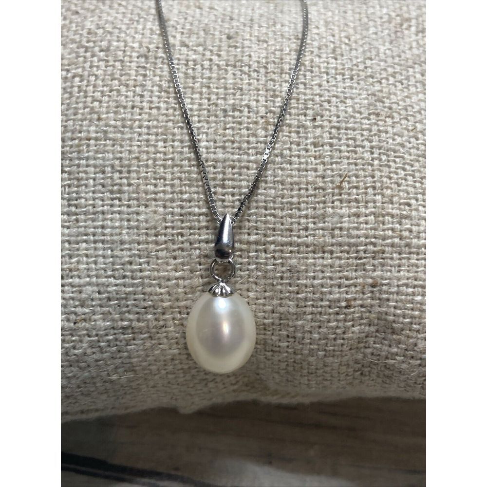 Teardrop Cultured Pearl 925 Sterling Silver Italy Necklace 16" Box Chain Dainty